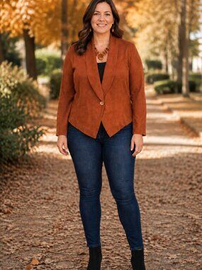 GRANITE Vintage Lg Slve Wood Button Closure Burnt Orange Linen Cropped Blazer 12